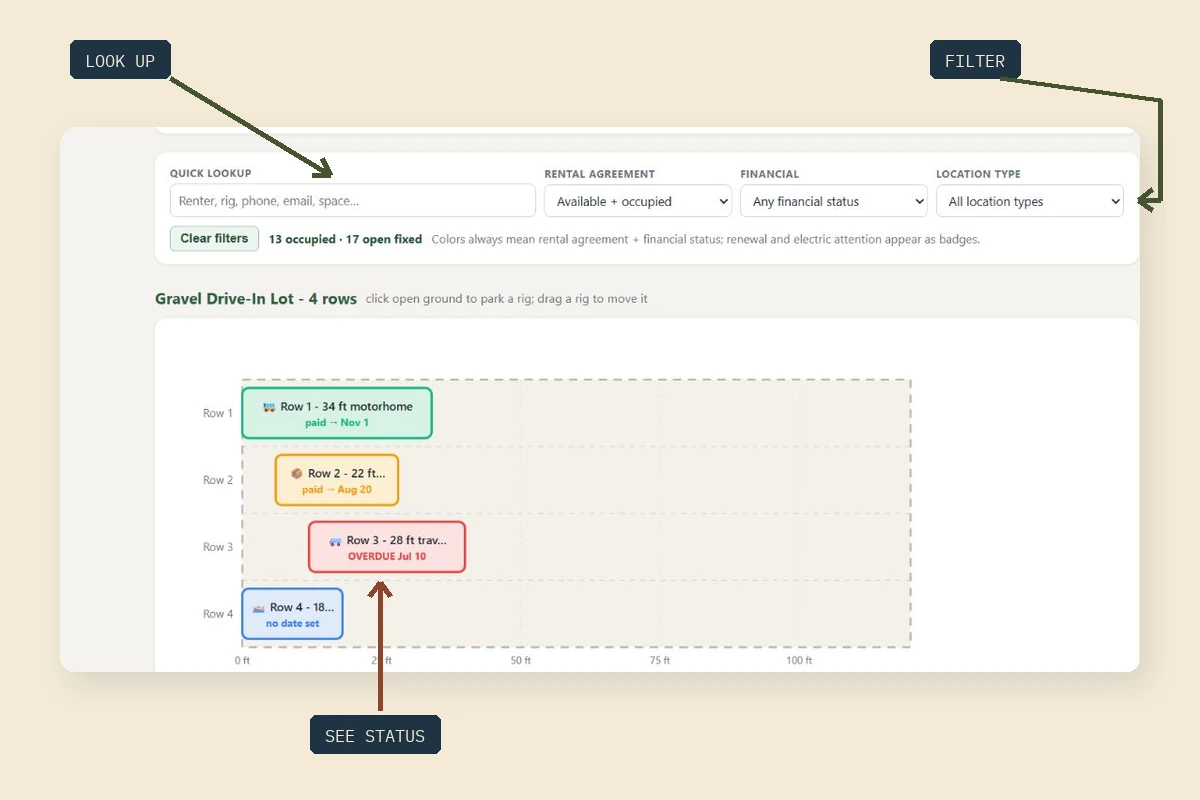The real BayRoster demo map showing storage spaces colored by payment status