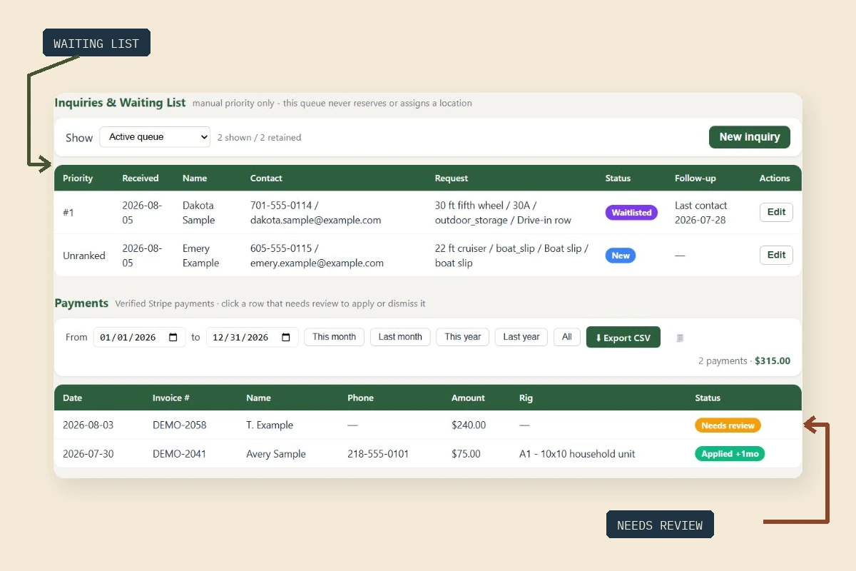 Real BayRoster demo showing the inquiries queue and a payment held for review