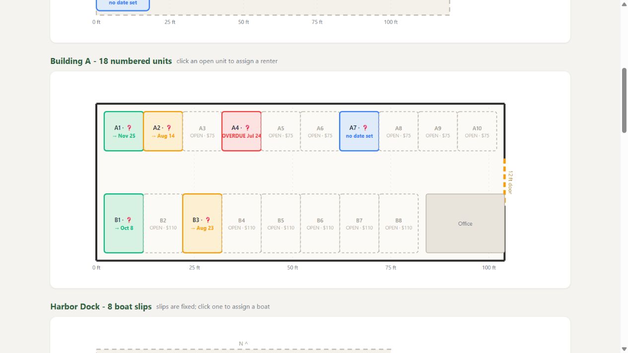 Real BayRoster demo showing a building of numbered self-storage units, colored by payment status